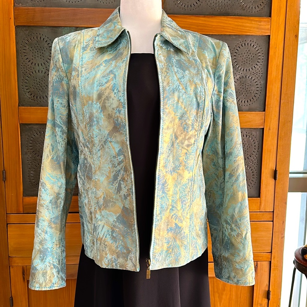 Pamela McCoy Teal and Gold Cropped Leather Jacket - Size M